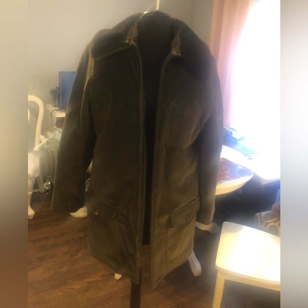 Designer Jacket JHC, Sz 8, Green Corduroy, Detachable Collar, Quitted Lined